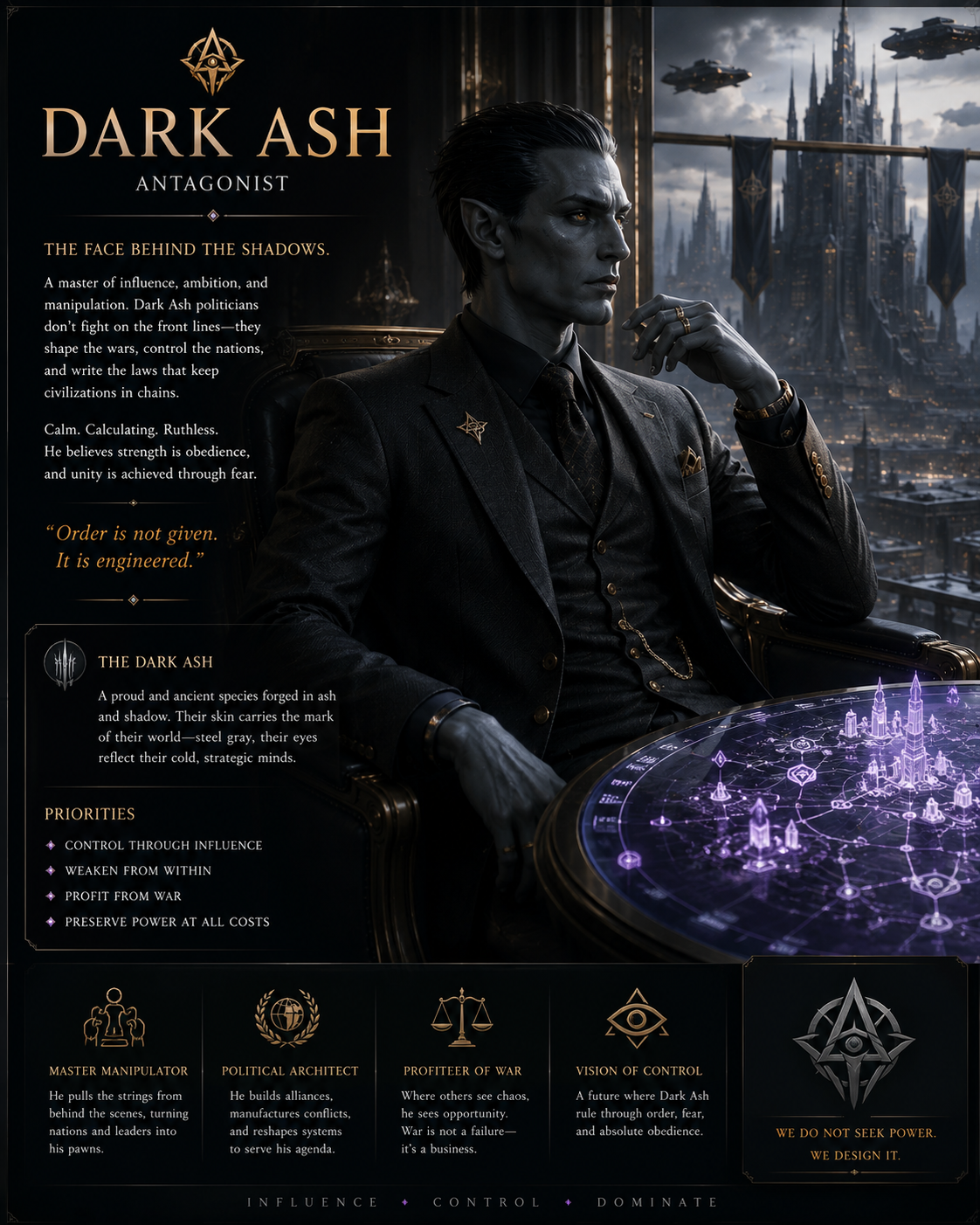 Dark Ash antagonist seated in a dark chamber overlooking the city
