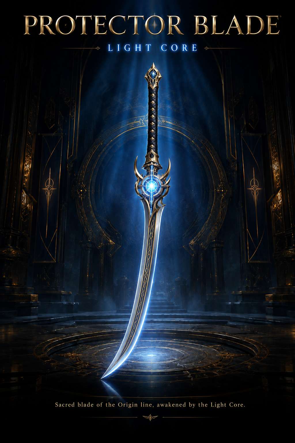 The Protector Blade with its glowing Light Core suspended in a ceremonial chamber